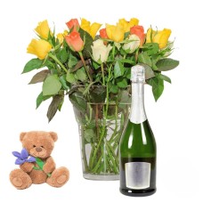 50 rose miste con orsacchiotto e vino bianco (Raffinate)