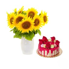 Composizione di girasoli con torta moderna (Raffinata)