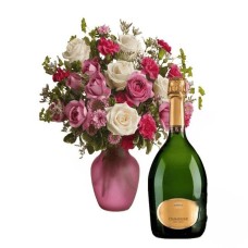 Bouquet di rose bianche e rosa con spumante (Raffinato)