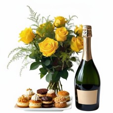 Bouquet di rose gialle con spumante e pasticcini (Raffinato)