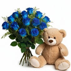Bouquet di rose blu con orsacchiotto (raffinato)