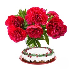 Bouquet di garofani rossi con torta alla crema (Raffinato)