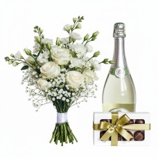 Bouquet bianco con cioccolatini e spumante (Raffinato)