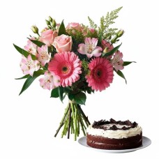 Bouquet di fiori misti rosa con torta alla crema di cioccolato (Raffinato)