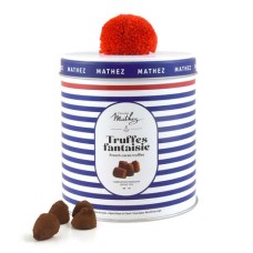 Tartufi di cioccolato con toffee salato in scatola di latta blu