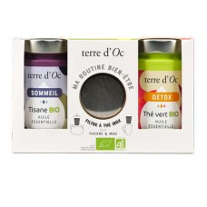 Scatola duo di tisane e tè biologici per il benessere e infusore in acciaio inox per tazza (set regalo di 2 scatole)