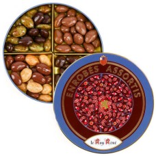 Assortment of coated almonds in metal box (230g tin)
