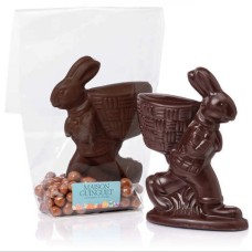 Chocolate rabbit basket with dark chocolate and milk chocolate caramel cereal pearls (120g bag)