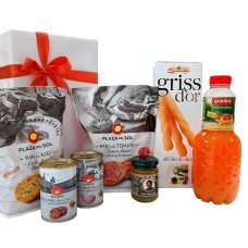 Pacchetto regalo con snack italiani e spagnoli e succhi di frutta