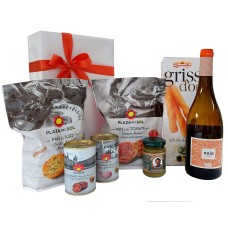 Pacchetto regalo con snack italiani e spagnoli e vino spagnolo