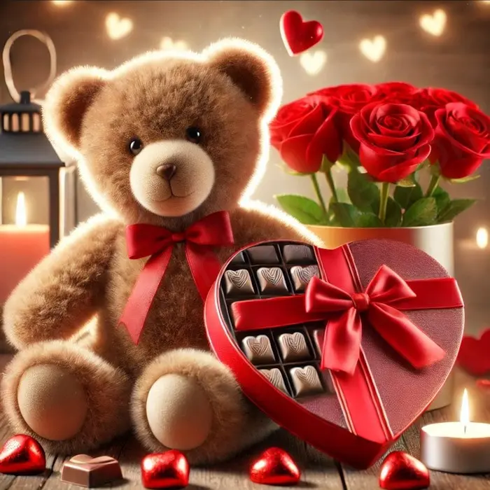 Orsacchiotto, rose rosse e cioccolatini (BASE)