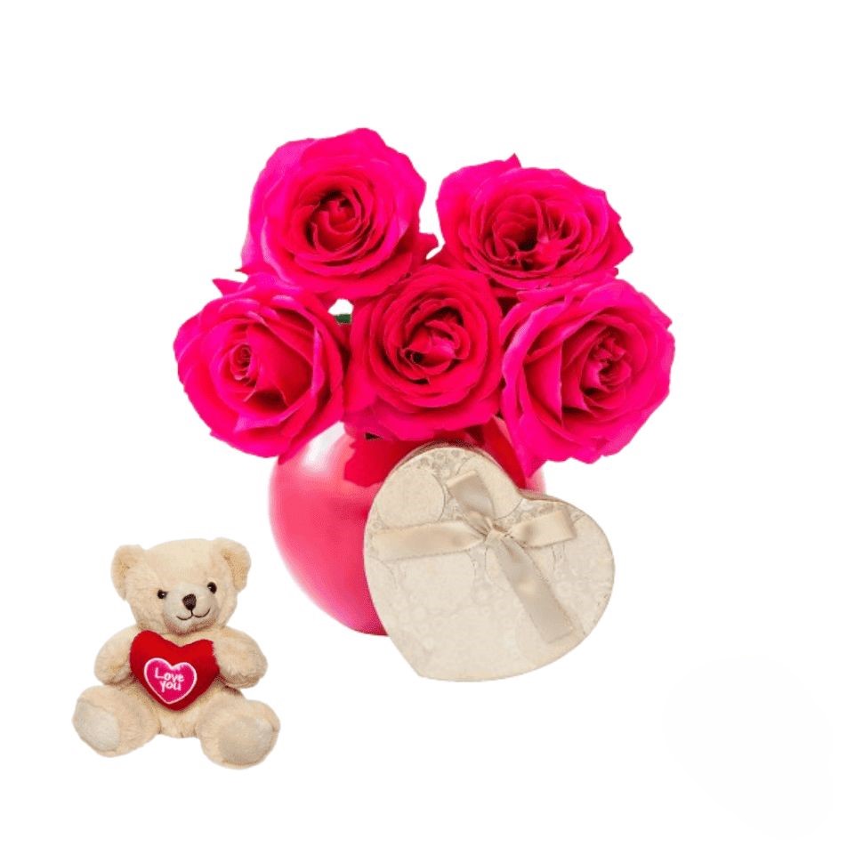 Bouquet di rose rosa acceso con cioccolatini e orsacchiotto romantico (Raffinato)