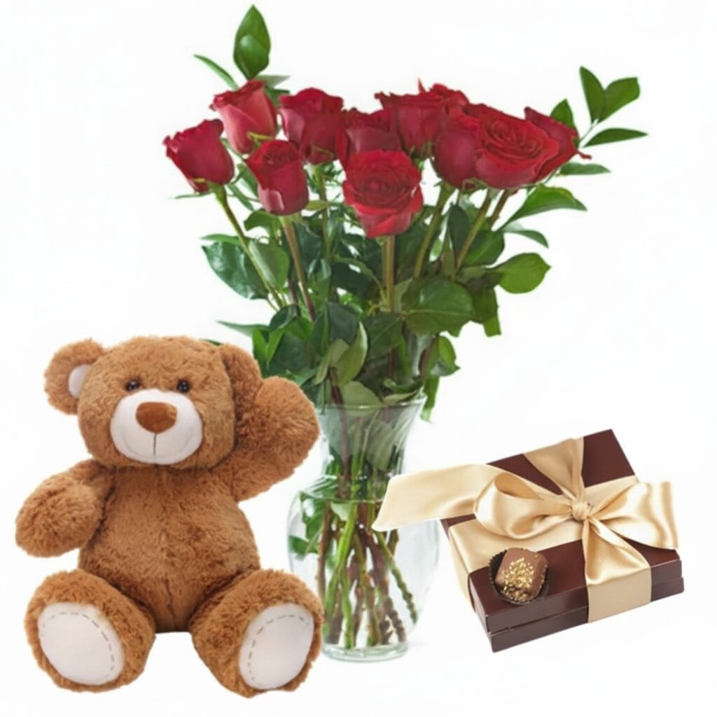 Rose rosse con orsacchiotto e cioccolatini (raffinati)