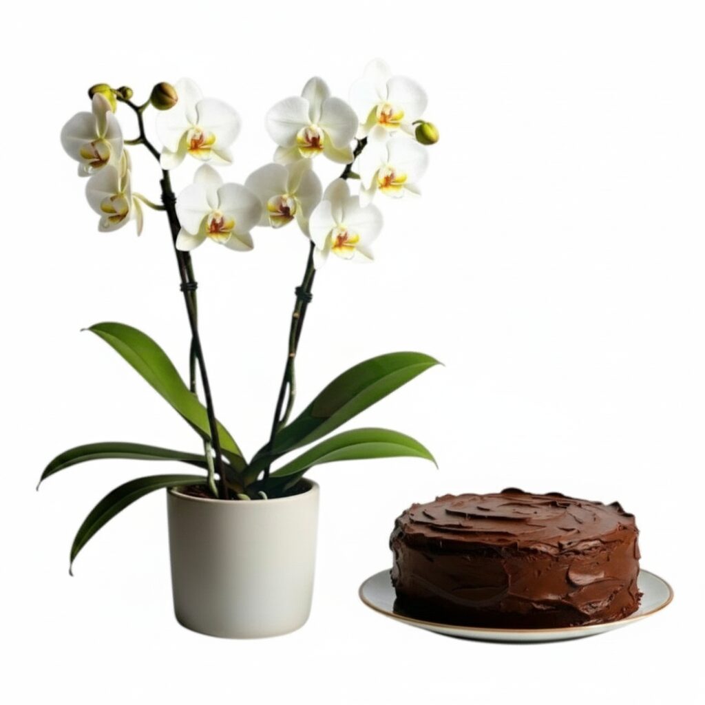 Pianta di orchidea bianca con torta al cioccolato (Raffinata)