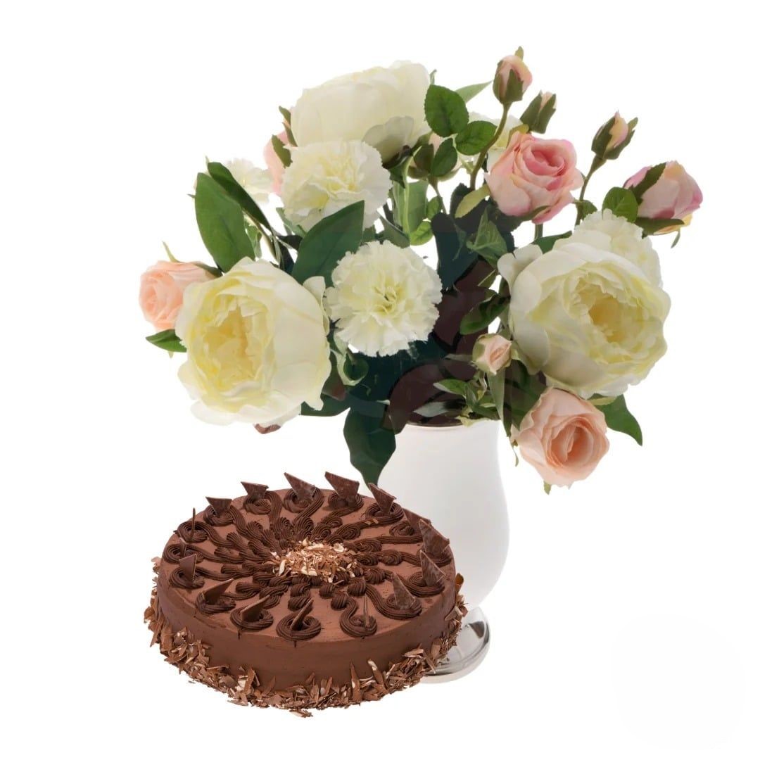 Bouquet romantico rosa e bianco con torta al cioccolato (Raffinato)