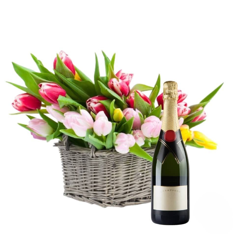 Cesto di tulipani misti con vino spumante (Raffinato)