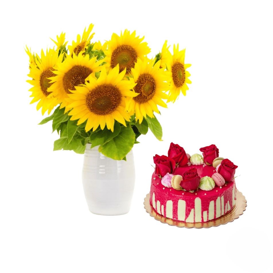 Composizione di girasoli con torta moderna (Raffinata)