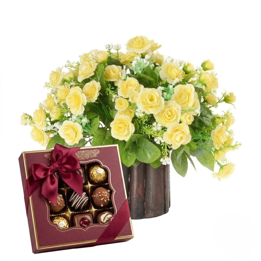 Cesto di rose gialle con cioccolatini (Raffinato)