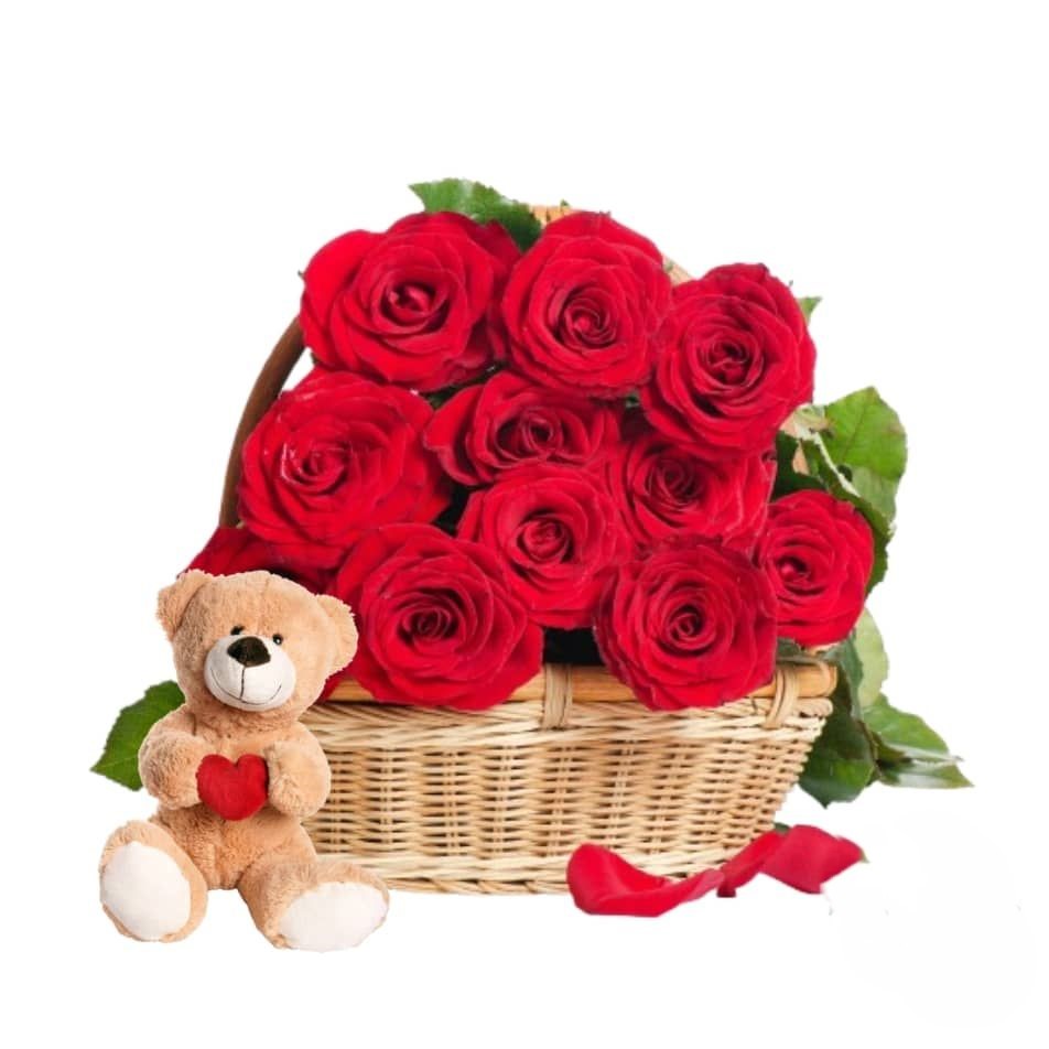 Cesto di 12 rose rosse con orsacchiotto (Raffinato)