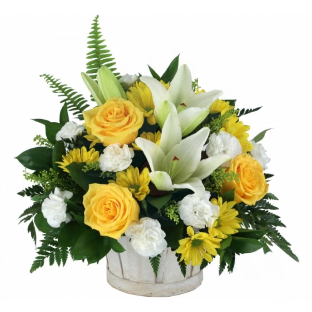 Composizione funebre con rose gialle e gigli bianchi (versione raffinata)