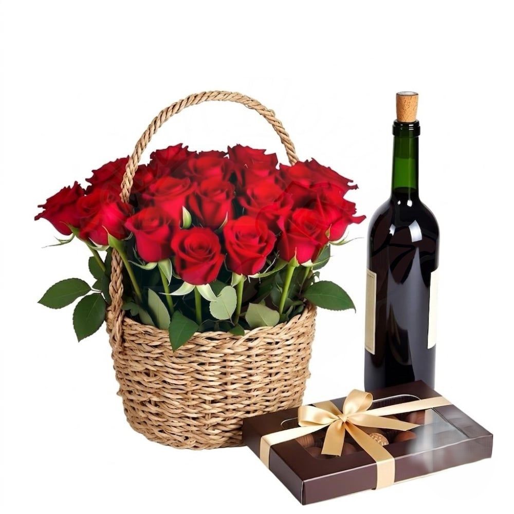 Cesto di rose rosse con vino rosso e cioccolatini (raffinato)