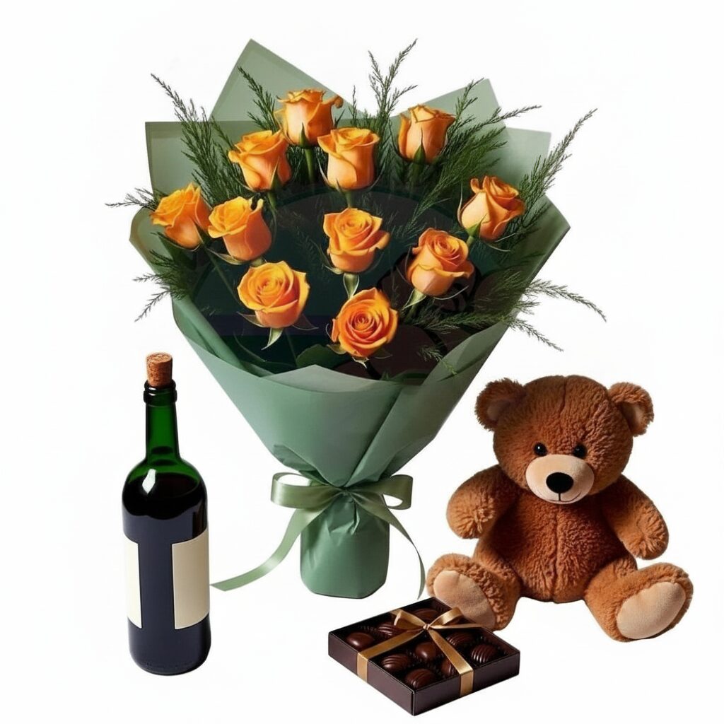 Bouquet di arance con vino rosso, scatola di cioccolatini e orsacchiotto (Raffinato)