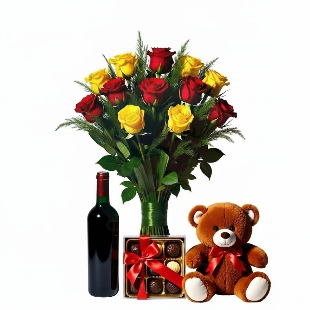 Bouquet rosso e giallo con vino rosso, scatola di cioccolatini e orsacchiotto (Raffinato)
