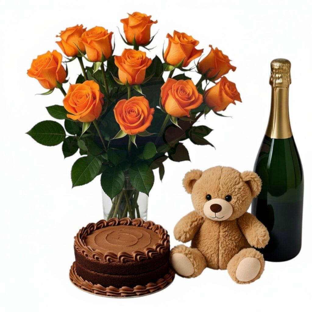 Bouquet di arance con spumante, torta al cioccolato e orsacchiotto (Raffinato)