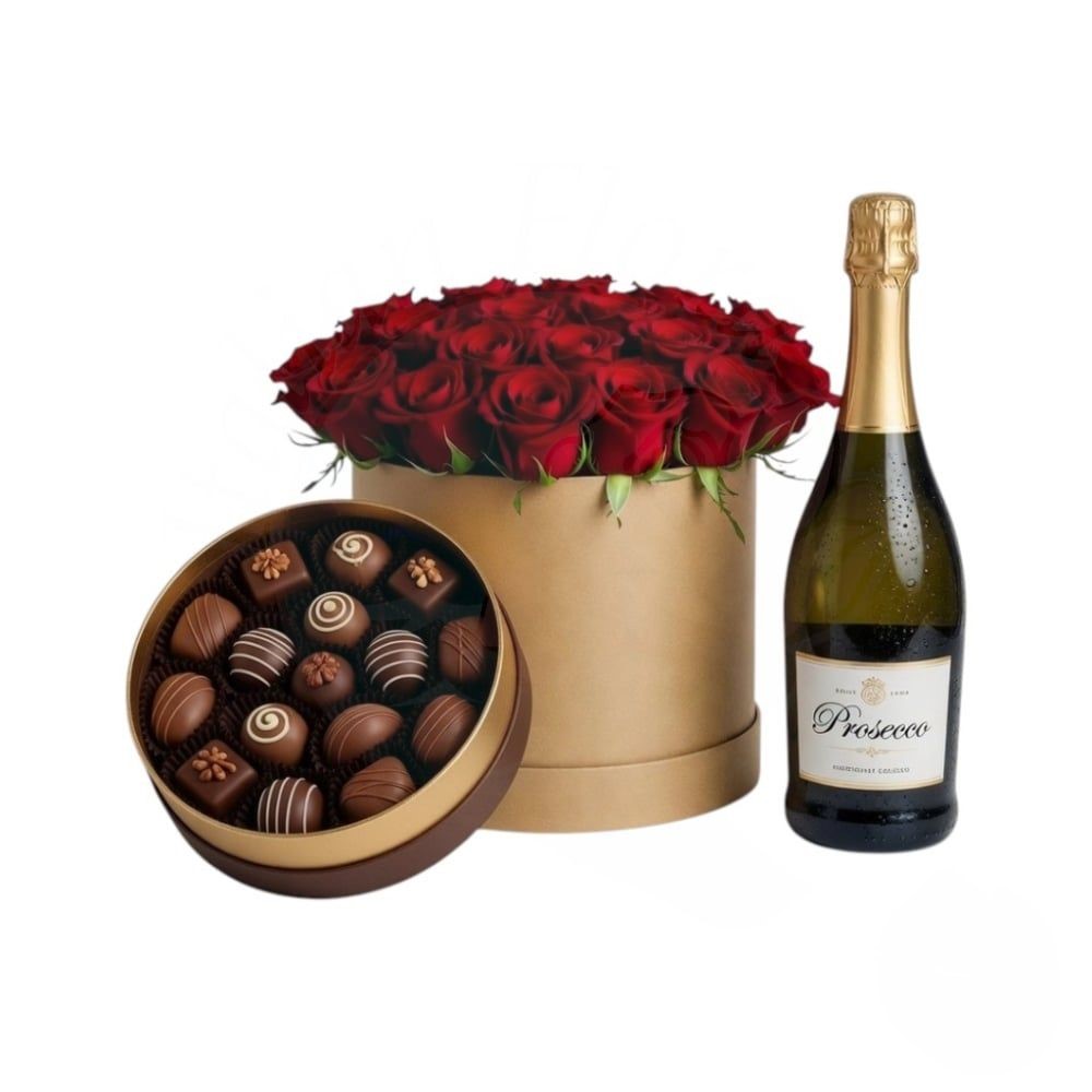 Scatola di fiori con rose rosse, cioccolatini e spumante (Raffinato)