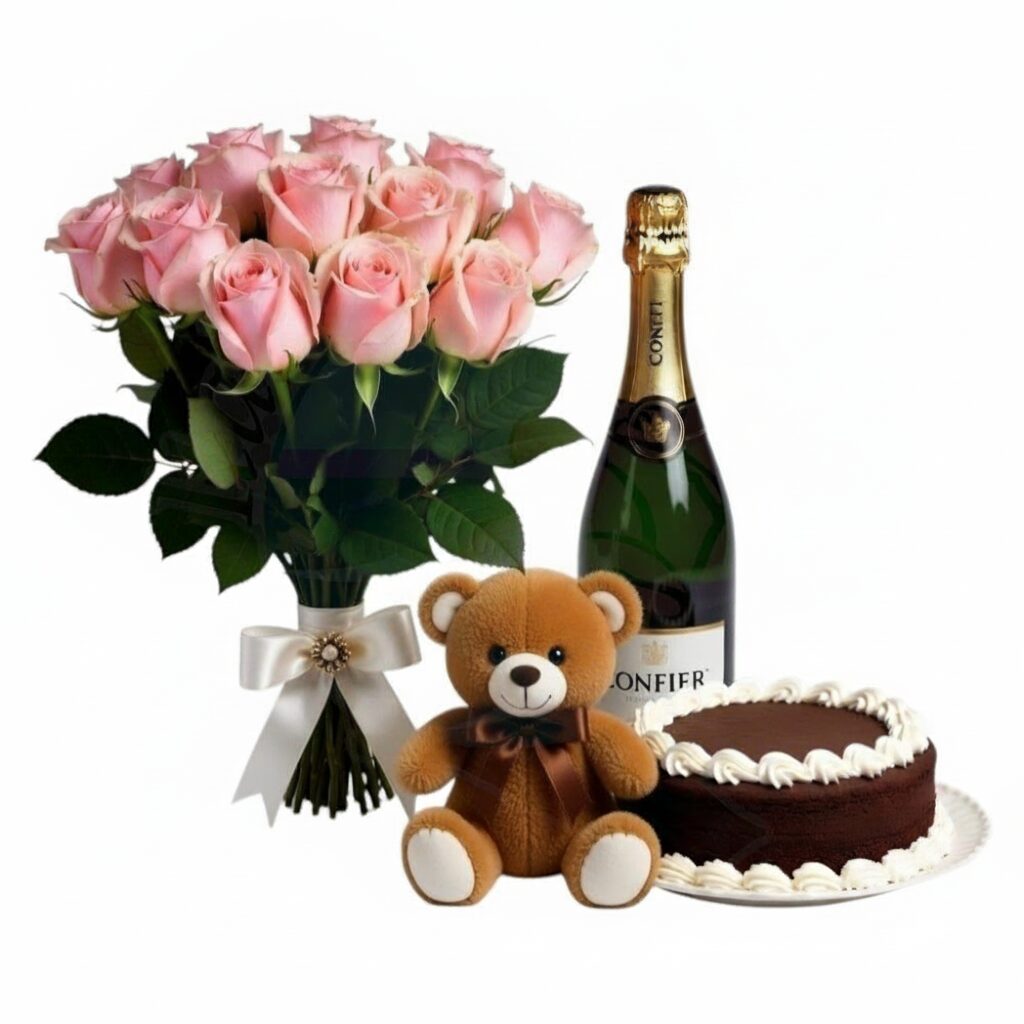 Bouquet rosa con spumante, torta al cioccolato e orsacchiotto (Raffinato)