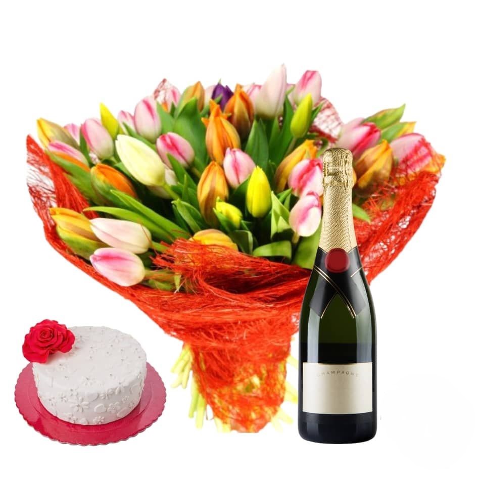 Bouquet di tulipani misti con spumante e torta romantica (Raffinato)