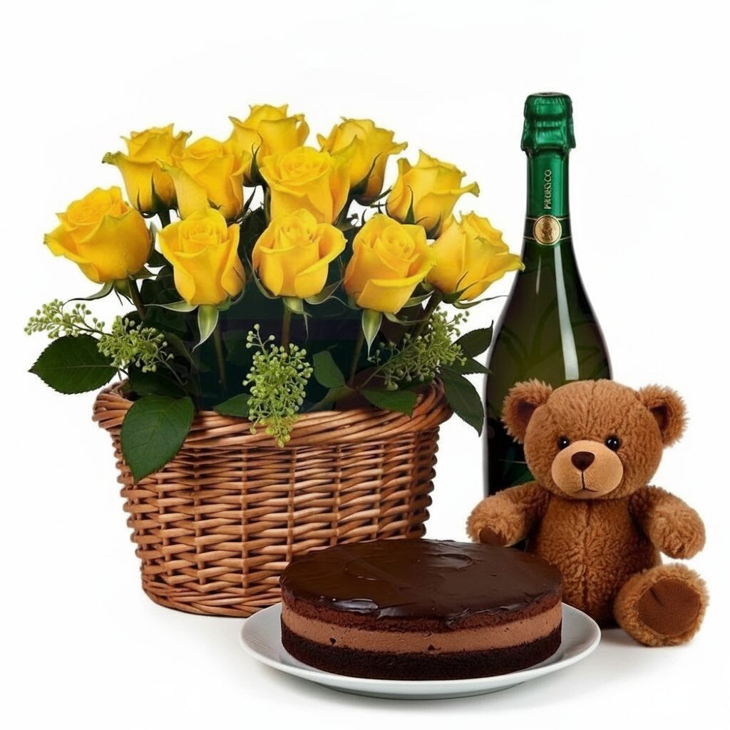 Cesto di rose gialle con torta al cioccolato e spumante e orsacchiotto (Raffinato)