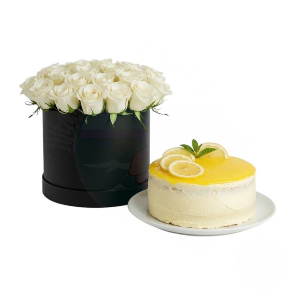 Scatola di fiori con rose bianche e torta al limone (Raffinata)