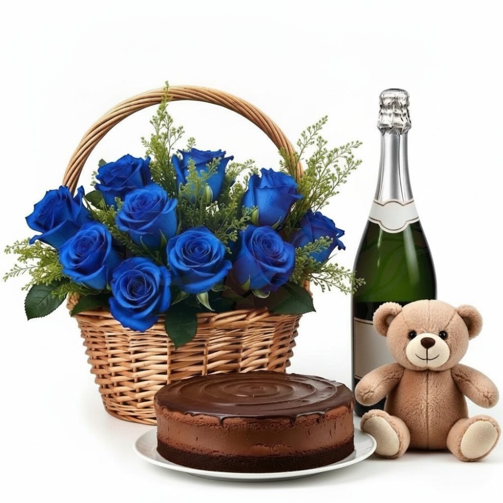 Cesto di rose blu con spumante, torta al cioccolato e orsacchiotto (Raffinato)