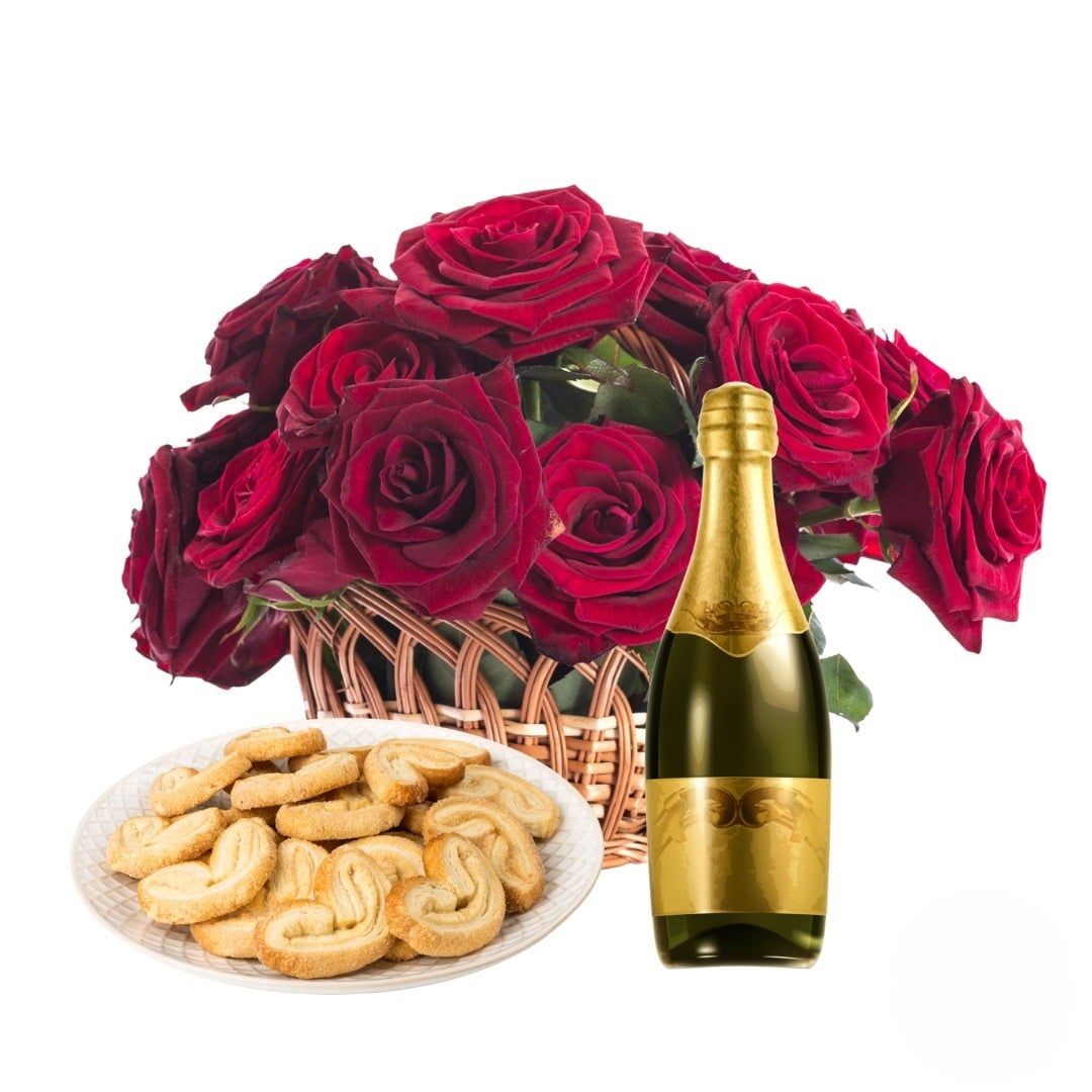 Cesto di rose rosse con spumante e biscotti (Raffinato)