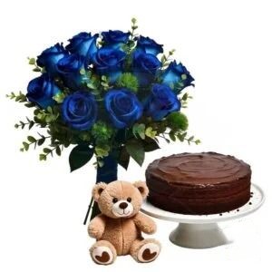 Bouquet blu con orsacchiotto e torta al cioccolato (Raffinato)