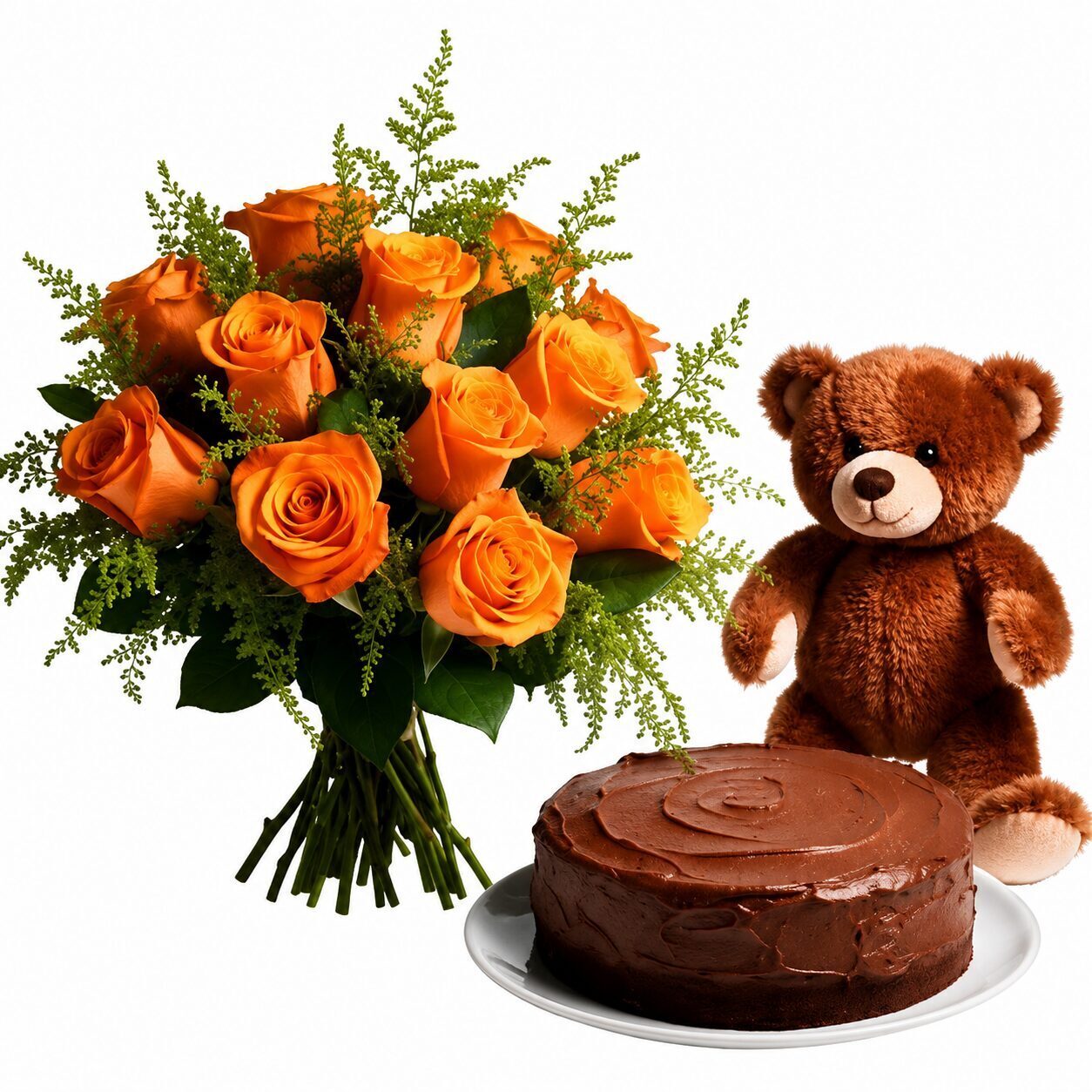 Bouquet di arance con orsacchiotto e torta al cioccolato (Raffinato)