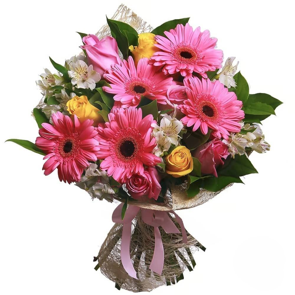 Bouquet of pink roses and white alstromerias (Refined)