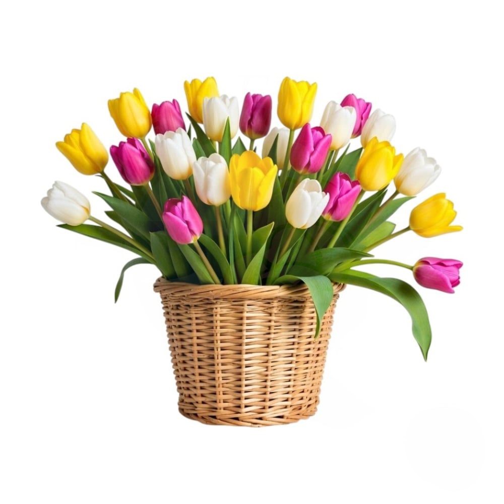 Cesto di tulipani bianchi, gialli e rosa (Raffinato)