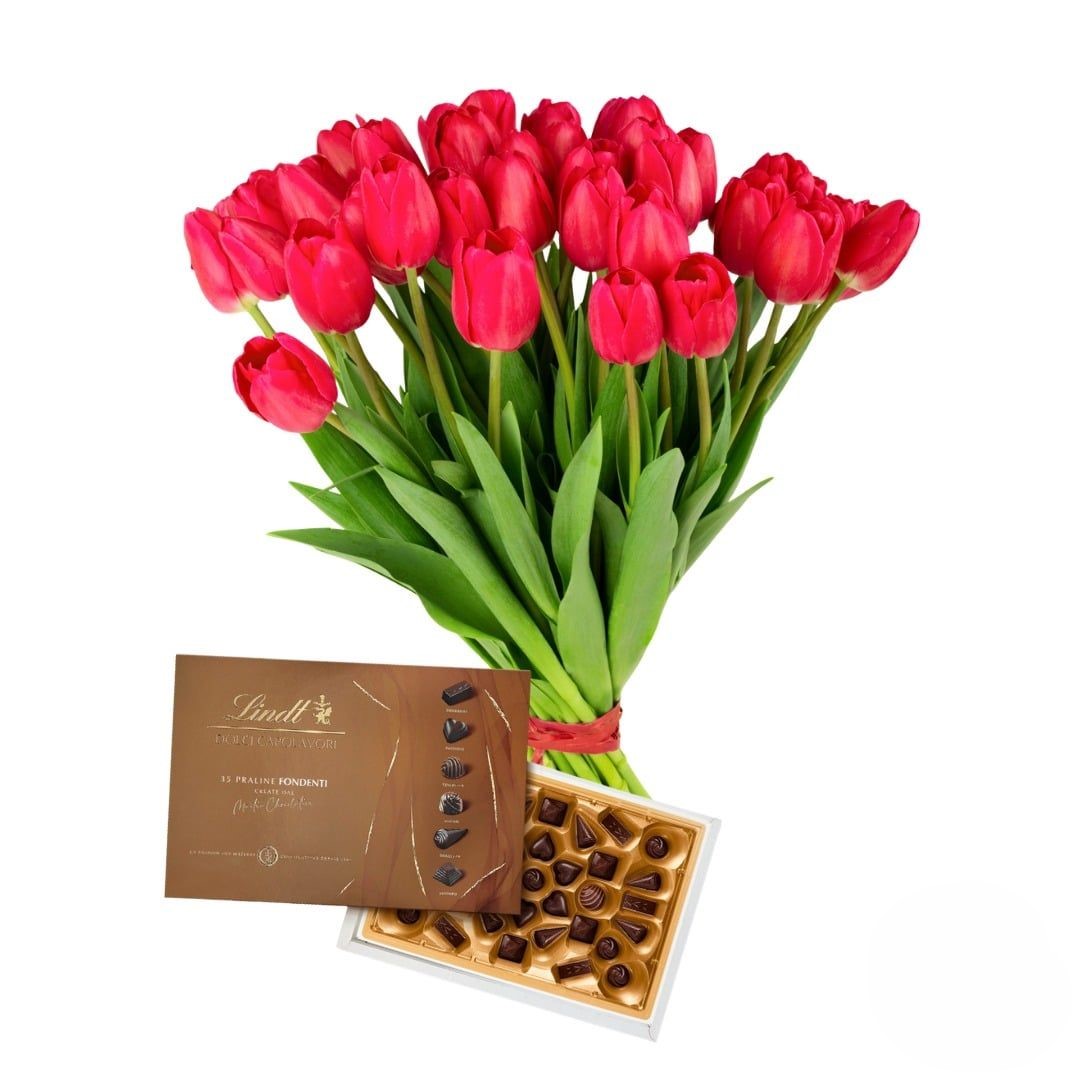 Bouquet di tulipani rossi con scatola di cioccolatini (Raffinato)