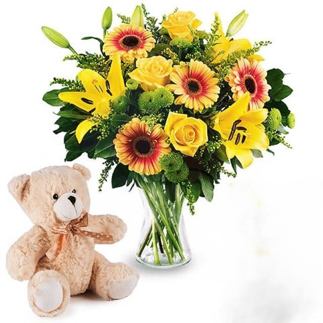 Bouquet di fiori gialli con orsacchiotto e biglietto (Raffinato)