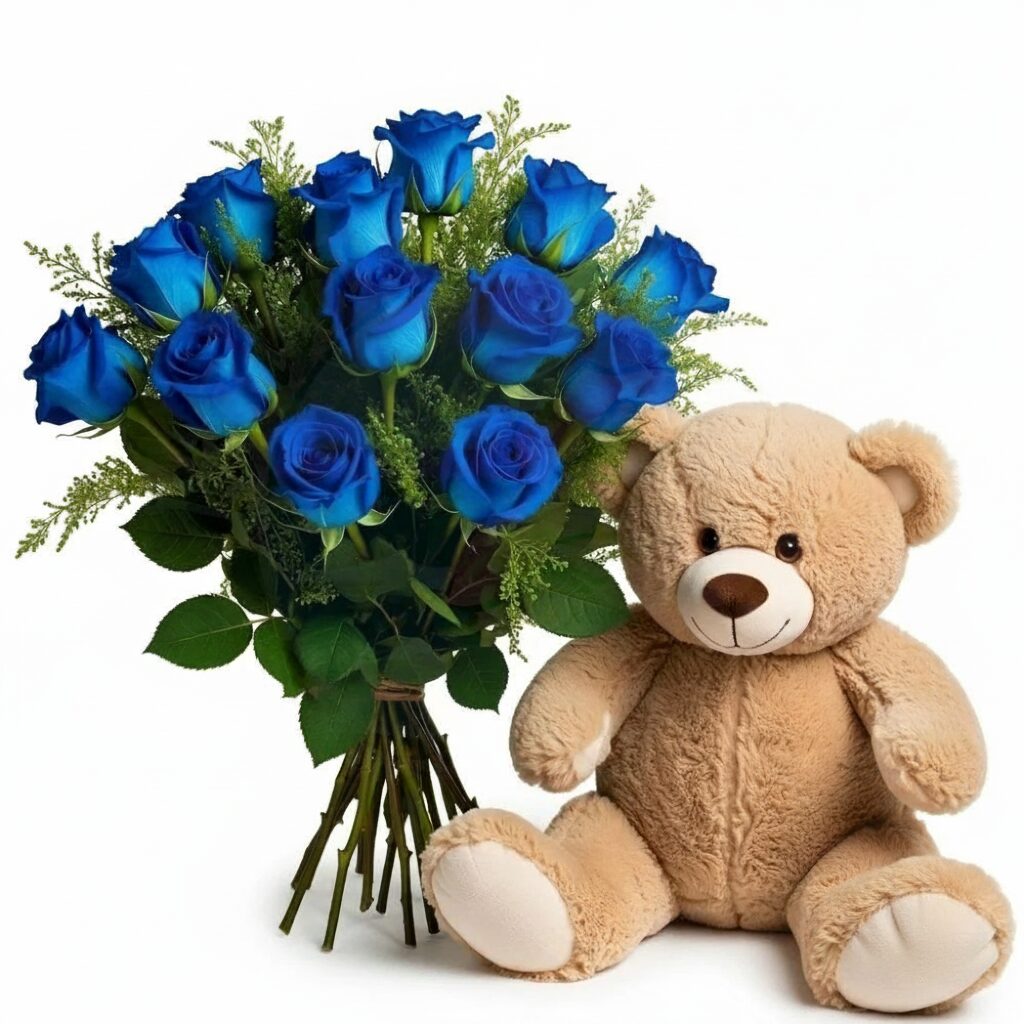 Bouquet di rose blu con orsacchiotto (raffinato)