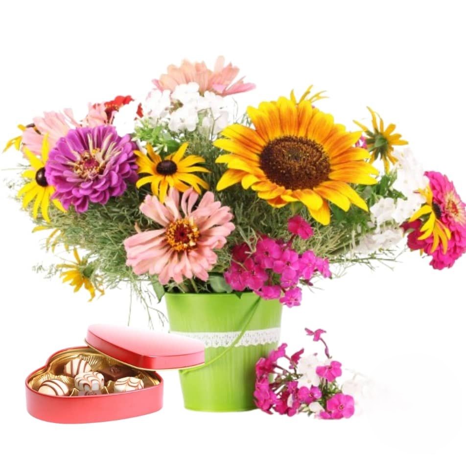 Bouquet di fiori colorati con scatola di cioccolatini (Raffinato)