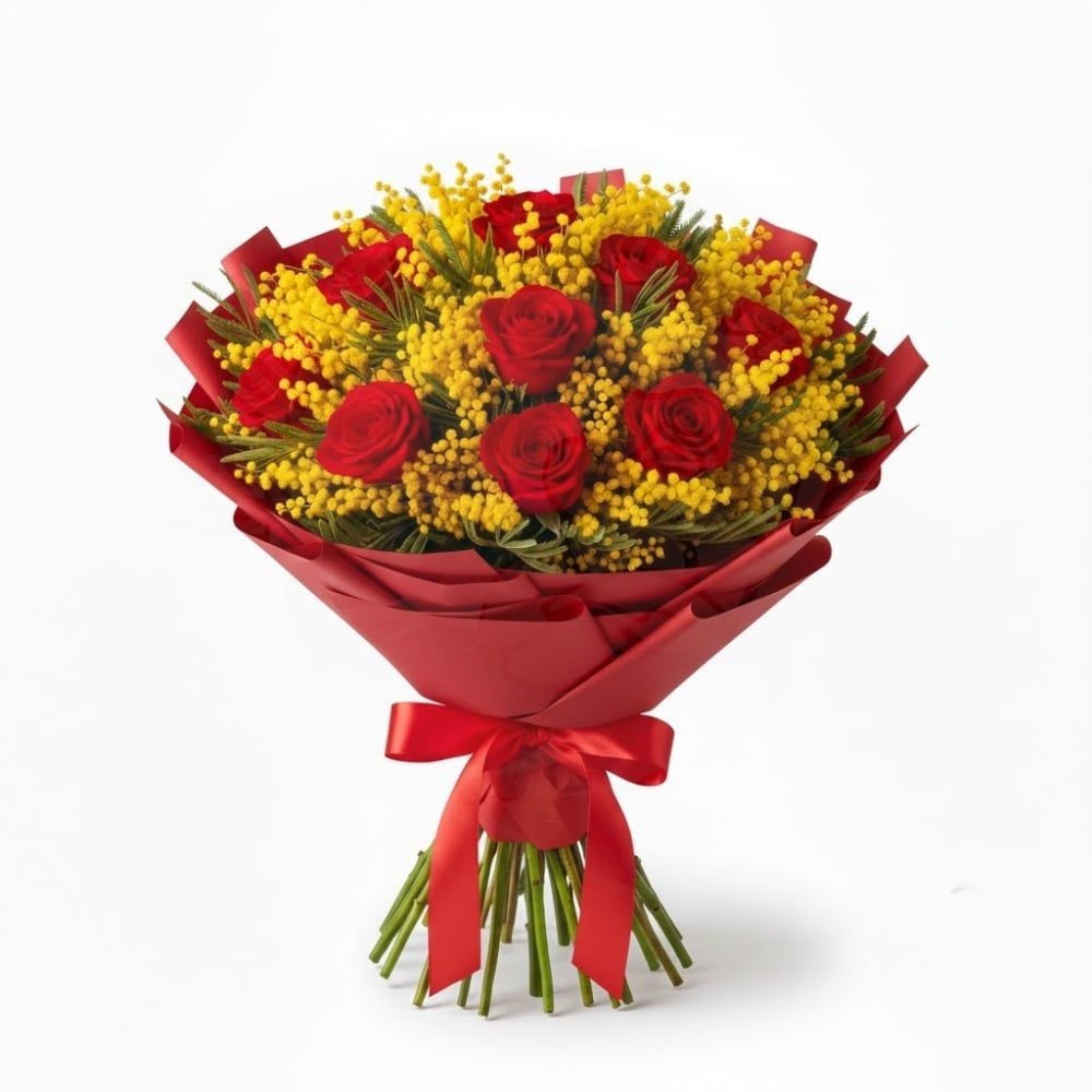Bouquet di rose rosse con mimosa (Raffinato)