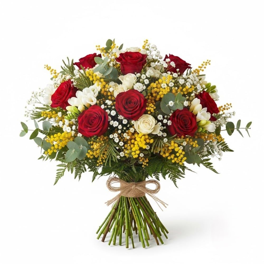 Bouquet di rose rosse, fiori bianchi e mimosa (Raffinato)