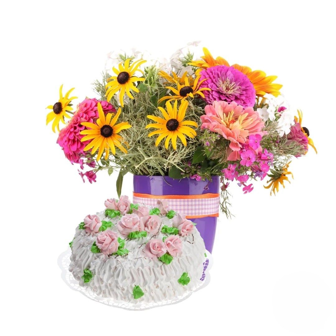 Bouquet primaverile con torta alla crema (Raffinato)