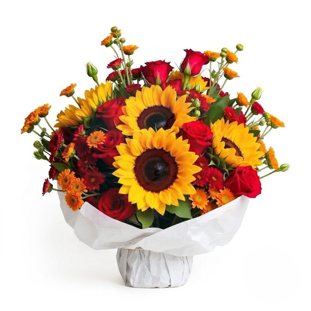 Bouquet di girasoli e fiori rossi e arancioni (raffinato)