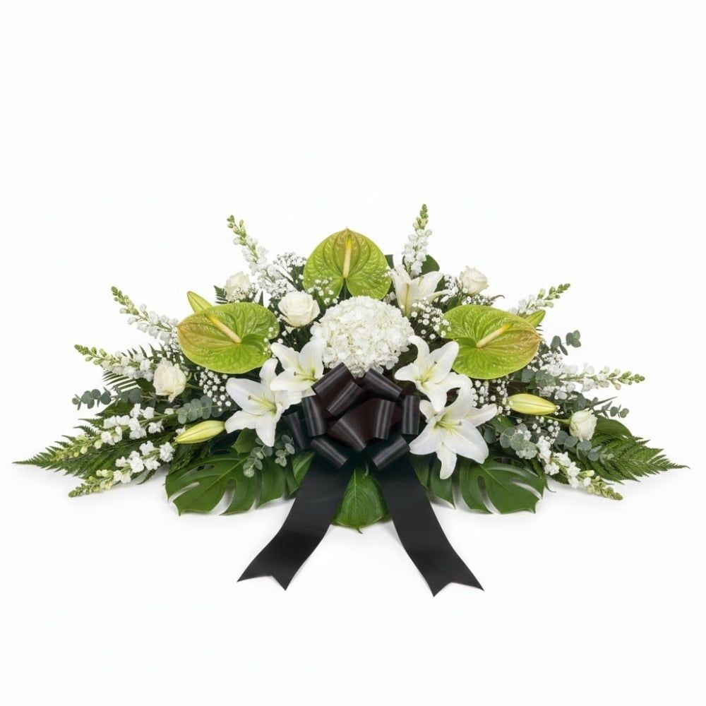 Composizione funebre di anthurium e fiori bianchi (raffinata)