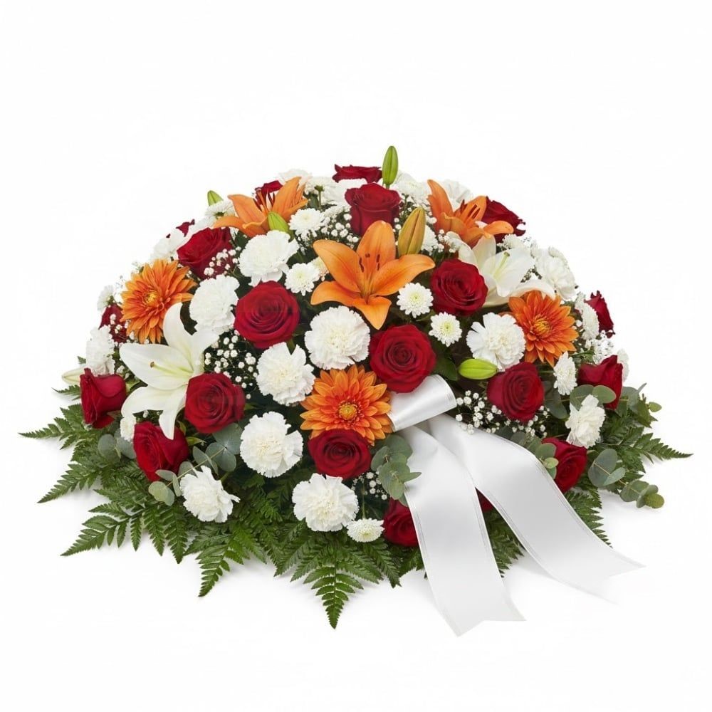 Composizione funebre nei colori rosso, arancione e bianco (Raffinata)