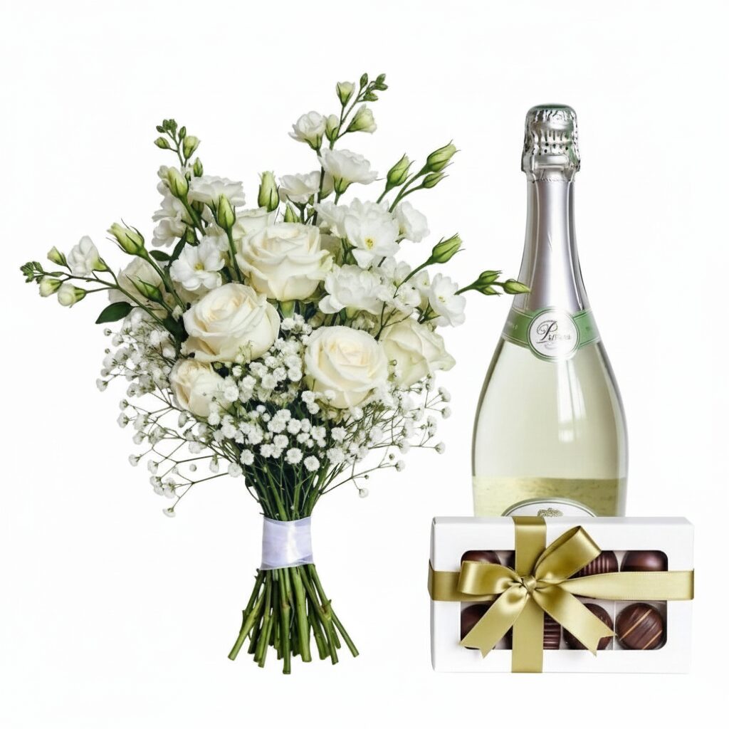 Bouquet bianco con cioccolatini e spumante (Raffinato)